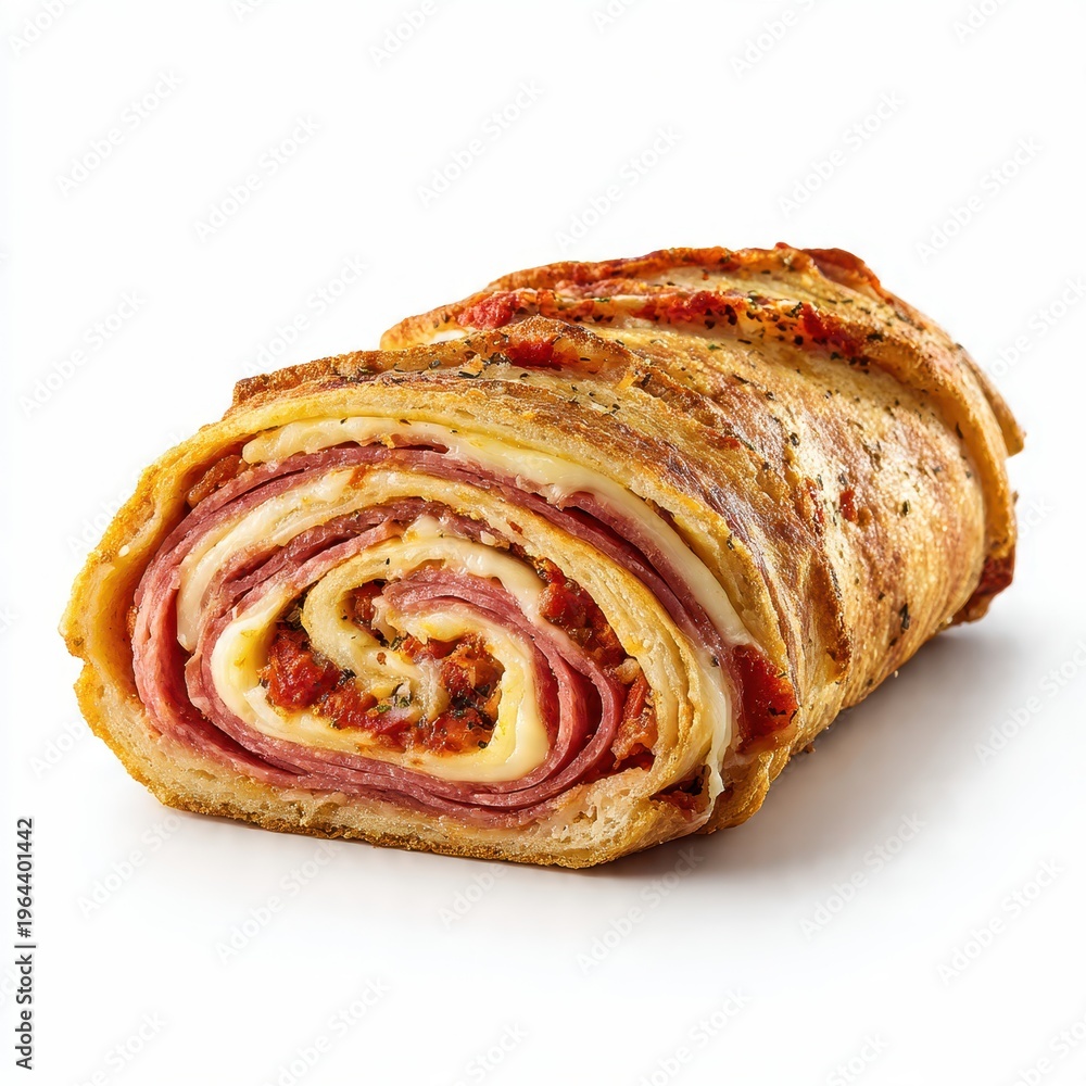 Fototapeta premium Classic Italian-American Stromboli with Layers of Salami, Pepperoni, Mozzarella Cheese, and Zesty Tomato Sauce, Baked Golden-Brown on a Crisp Crust, Isolated on White