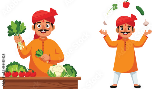 Indian Vegetable Seller Character Set with Farmer Holding Fresh Produce and Tossing Vegetables Cartoon Vector Illustration Collection