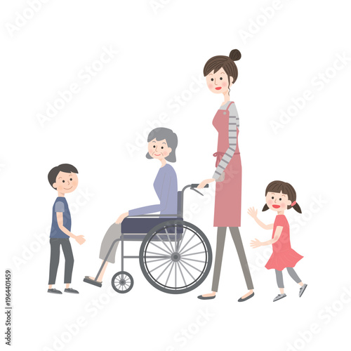 車椅子のシニア女性と家族