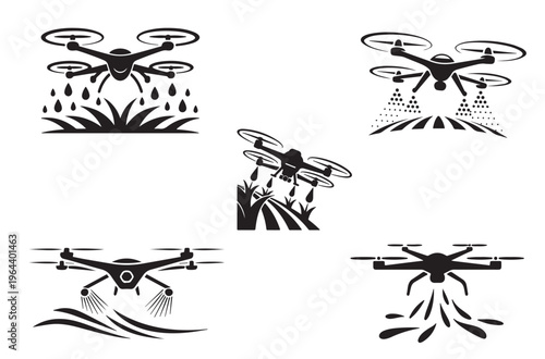 WeSet of drone icons for agriculture use spray liquids on plants and fields for spraying pesticides and fertilizers for modern farming technology and crop protection services