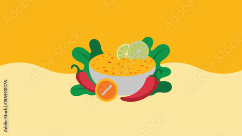 Spicy soup bowl lime chili peppers illustration