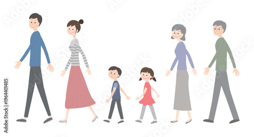 歩いている三世代家族
