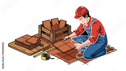 Craftsman Laying Tiles: A skilled craftsman meticulously laying floor tiles, demonstrating precision and expertise in his craft. 