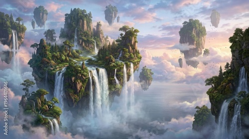 A surreal landscape where giant floating islands drift above a calm ocean, waterfalls cascading endlessly into mist below, lush vegetation covering the land masses, soft clouds wrapping around the