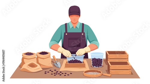 Artisan at Work: An artisan meticulously handles freshly roasted coffee beans, packaging them with care.