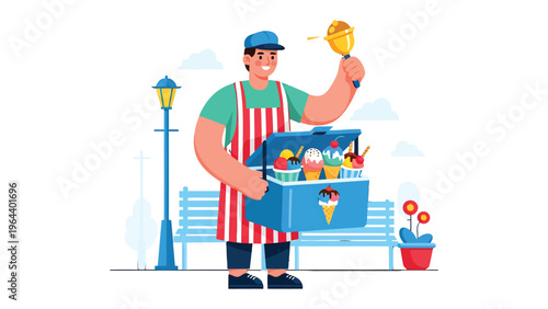 Ice Cream Vendor's Delight: A cheerful ice cream vendor, with a smile as warm as the summer sun, offers a delicious array of treats from a vibrant, ice cream cart. A perfect scene to represent joy.
