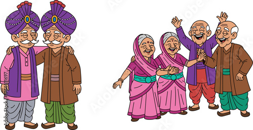 Happy Elderly Couples and Family Group Set with Indian Senior People Wearing Traditional Clothes Celebrating Together Cartoon Vector Illustration Collection