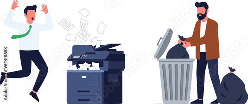 Office Worker Printing Documents and Man Throwing Trash Set with Business Character Using Printer and Waste Disposal Cartoon Vector Illustration Collection