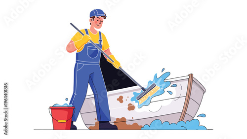 Cleanliness on the Water: A diligent worker meticulously cleans a boat with a mop, ensuring a pristine vessel ready for the next voyage.