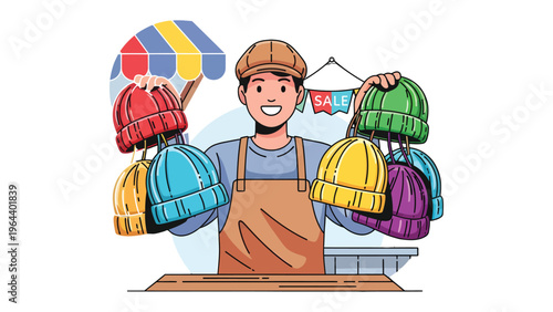 Hat Merchant's Display: A cheerful hat seller proudly showcases a colorful array of fashionable beanies at his charming outdoor stall.