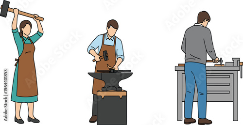 Blacksmith and Metalworking Craftsman Set with People Forging Iron Using Hammer Anvil and Workshop Tools Cartoon Vector Illustration Collection