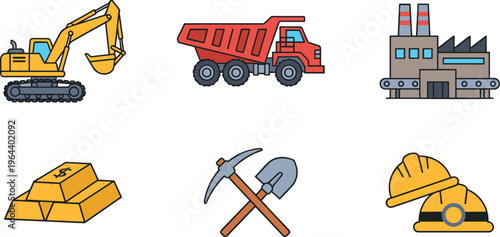 Mining industry and heavy machinery vector icon set featuring excavators dump trucks factory plants gold bars and mining tools.