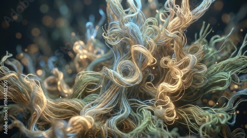 A cluster of thin light strands intertwining like threads, glowing softly and forming complex organic patterns. Style is macro abstract render, soft glow, high detail. No brand faces, real brands,