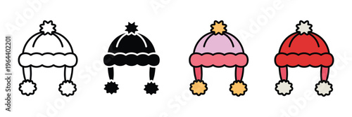 Winter beanie hat with pompom for cold weather and fashion icon set. Warm knit headwear for seasonal protection and clothing accessory. Vector Illustration