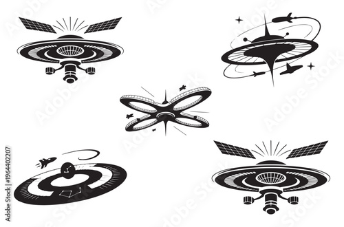 Space station and satellite collection featuring futuristic sci fi orbital base designs with solar panels spacecraft and cosmic research vessel silhouettes for astronomy concepts