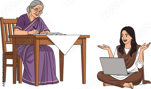 Elderly Woman Writing and Young Woman Using Laptop Set with Generational Learning Communication and Work from Home Cartoon Vector Illustration Collection