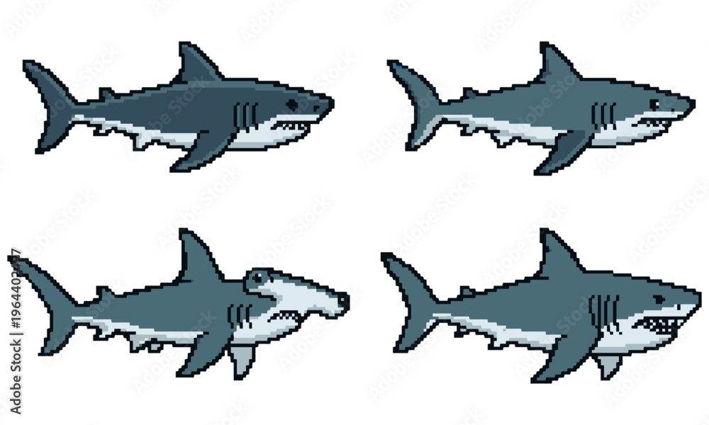 Fototapeta premium Four gray sharks swimming in different directions in the ocean water