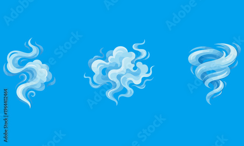 Three swirling white clouds float in the blue sky with dynamic movements.