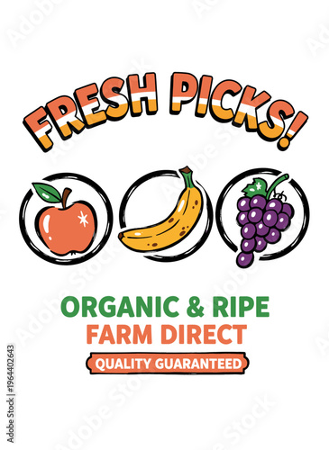 Food club artwork for t shirt print, poster, sticker and other uses. Apple, Banana, Grapes, vector artwork