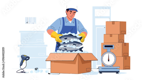 Fresh Seafood Packaging: A worker meticulously packages fresh fish, carefully arranging them in a box with ice for transport, surrounded by packaging materials and equipment, ready for shipping.