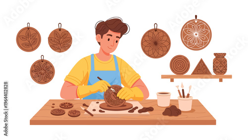 Artisan's Artistic Workshop: A skilled artisan, absorbed in the creative process, meticulously crafts a clay masterpiece in a vibrant studio setting.  