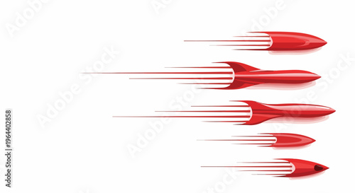 Red rockets flying fast with motion blur, representing speed, progress, and advanced technology on a white background.