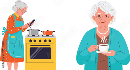 Elderly Woman Cooking in Kitchen and Drinking Tea Set with Senior Character Using Smartphone and Preparing Meal Cartoon Vector Illustration Collection