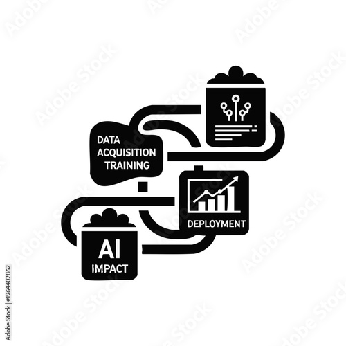 AI development process flowchart vector illustration. Data training and deployment concept. Artificial intelligence impact infographic