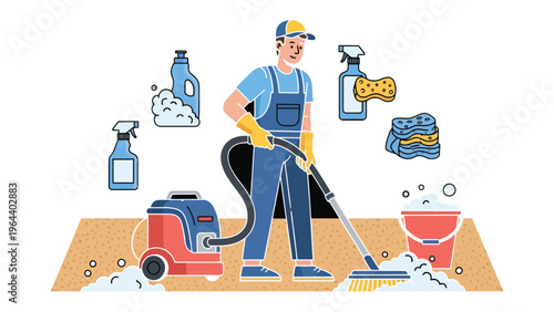 Cleaning Professional: A skilled cleaner employs a high-powered vacuum to meticulously eliminate dirt and debris. Surrounding this professional are essential tools.