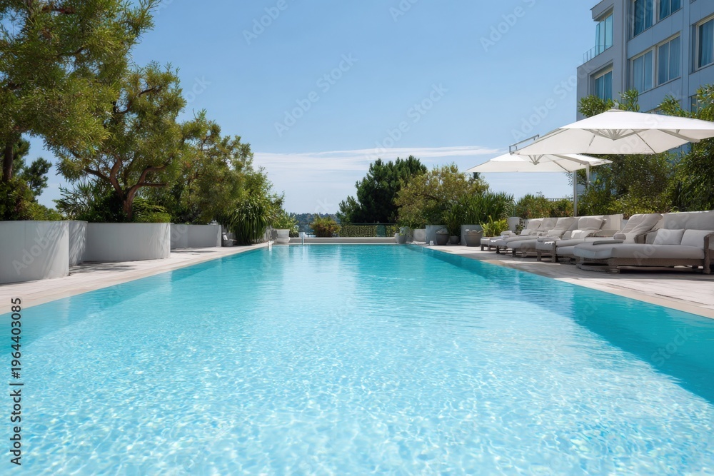 Fototapeta premium Luxury hotel poolside oasis with relaxing sun loungers and umbrella
