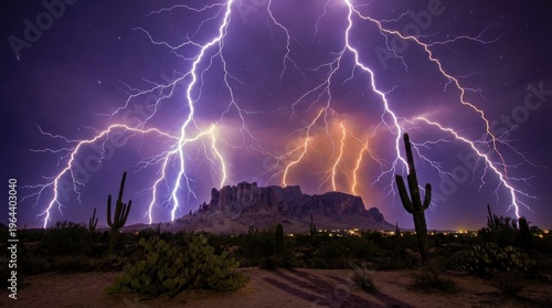 A desert night storm with 12 simultaneous lightning bolts recorded in a single long exposure, branching bolts illuminating a vast mesa landscape from multiple angles, each bolt casting its own shadow,