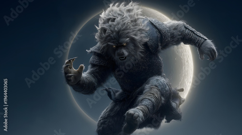 Kui Niu and Oriental Dancer Fusion, Dark Gray Background, Gray-Blue Animal Skin Armor, Single Leg Pose, Big Drum Suspended, Drum Sound Ripples