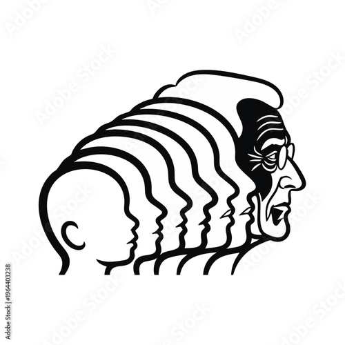 Human life cycle and aging process illustration. Profiles from childhood to old age. Black and white vector line art isolated on transparent background