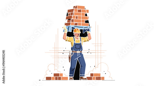 Construction Worker with Bricks: A dedicated construction worker, head held high, shoulders the weight of numerous bricks, illustrating the essence of strength, dedication, and labor.