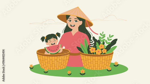 Vietnamese woman child, conical hat, harvest