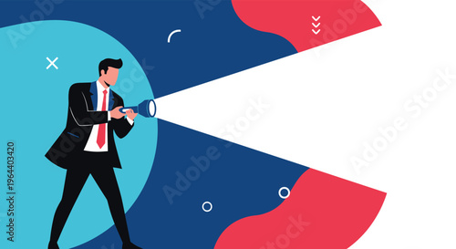 Businessman in a suit and red tie uses a powerful flashlight to illuminate a dark space within a large colorful abstract shape.