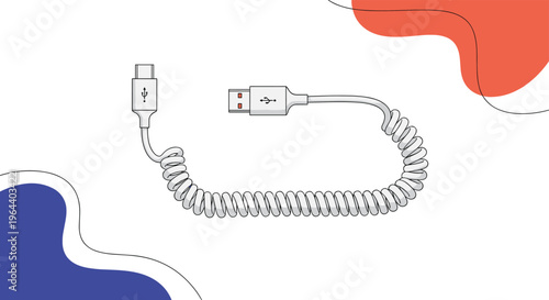White coiled USB charging cable with a type C connector and a standard USB plug on a colorful abstract background.