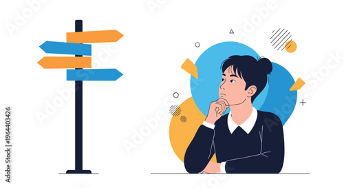 Young woman rests her chin on her hand in deep thought while looking at a signpost with several arrows pointing in different directions.