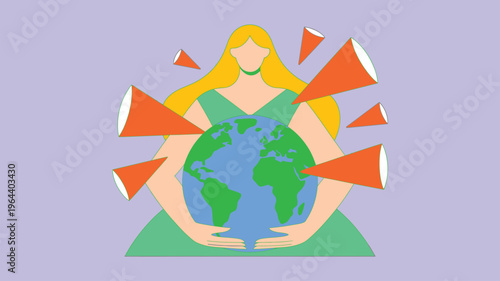 Woman holding Earth globe surrounded by cones