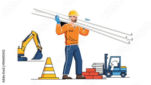 Construction Worker at Work: A construction worker carries materials on a construction site, surrounded by equipment and supplies, showcasing the hard work and dedication required to build.