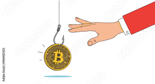 Person in a red sleeve reaches out for a shiny gold bitcoin coin that is dangling on a sharp metal fishing hook.