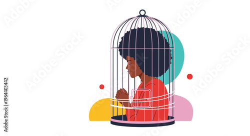 Black woman with an afro sits inside a tall metal birdcage representing a feeling of being trapped or social confinement.