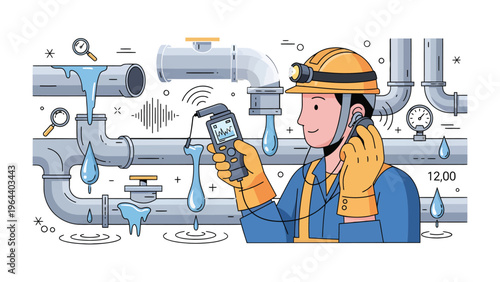 Plumber at Work: An attentive plumber, expertly equipped to repair a water leak, examines a complex network of pipes with precision.