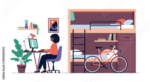Young African American woman works on a computer in a student dormitory room featuring a bunk bed and a bicycle.