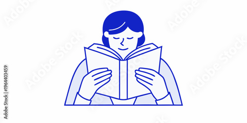 A woman with blue hair is absorbed in reading an open book