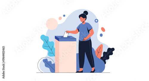 Woman wearing a blue shirt and black pants carefully places her paper ballot into a white voting box for an election.