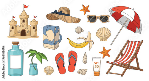 Collection of summer beach essentials including a sandcastle, sun hat, flip flops, sunscreen, and a lounge chair.