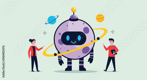 Giant purple robot with planet-like features and rings stands between two people in a space-themed educational concept.