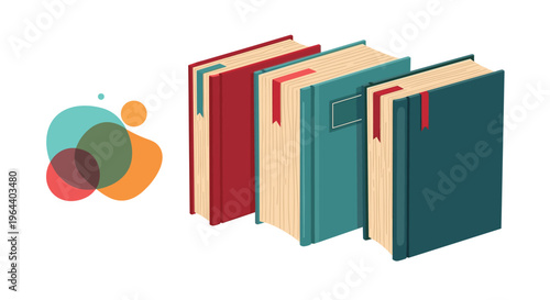 Row of three thick hardcover books in red, light blue, and dark teal standing together against a white background.