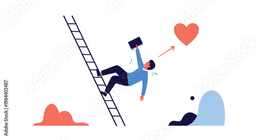 Young man falling from a wooden ladder while desperately reaching for a floating heart symbol on a white background.